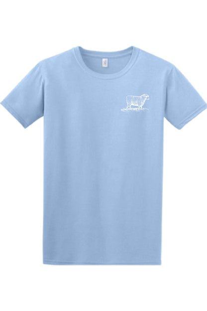 Light blue crew neck t-shirt featuring a small white graphic of a sheep wearing sunglasses on the chest.