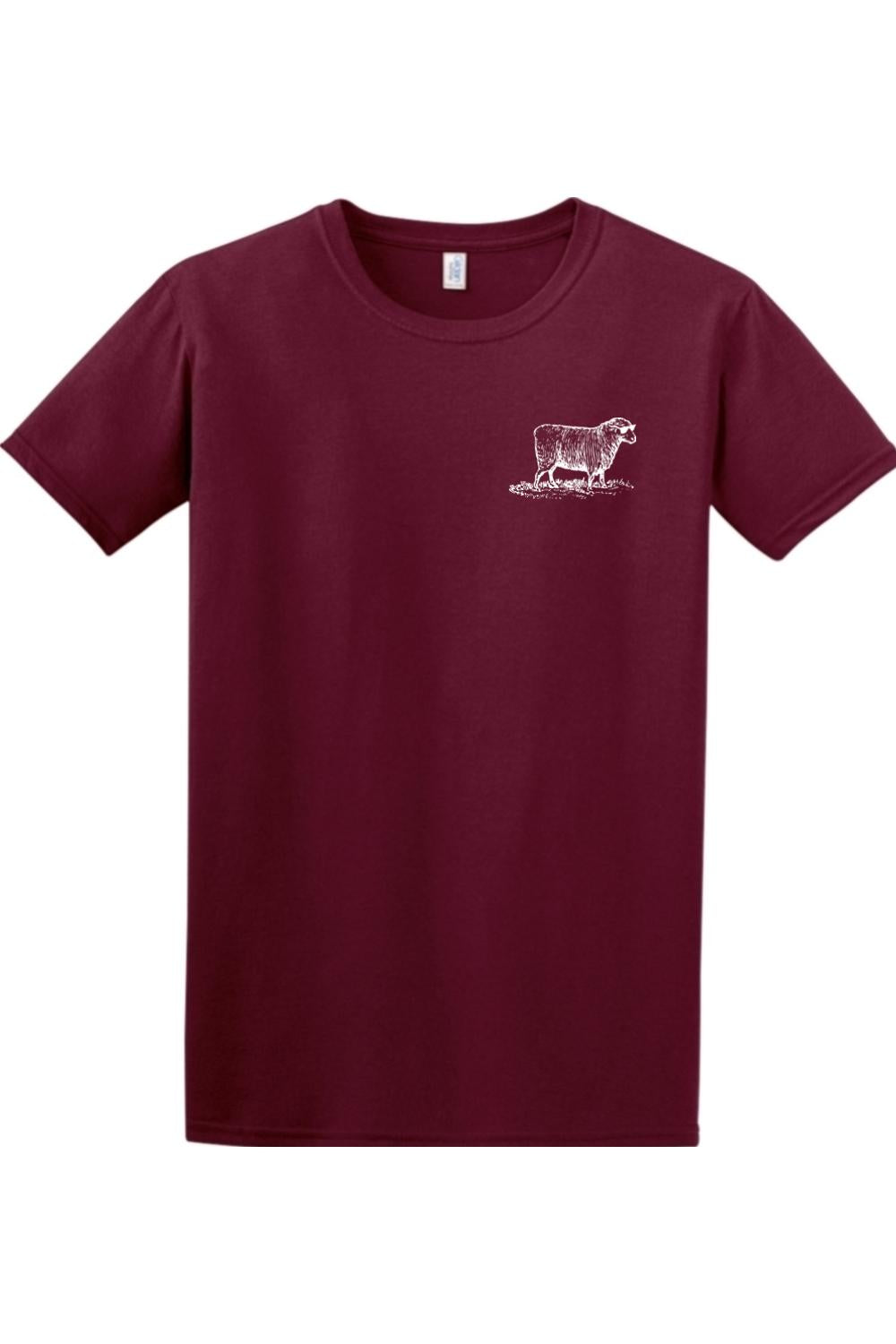 Maroon crew neck t-shirt featuring a small white graphic of a sheep on the left chest.