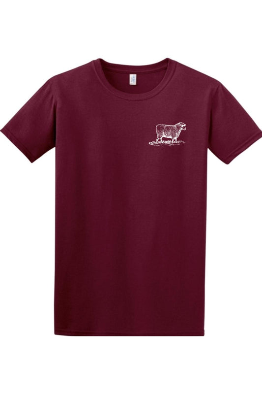 Maroon crew neck t-shirt featuring a small white graphic of a sheep on the left chest.