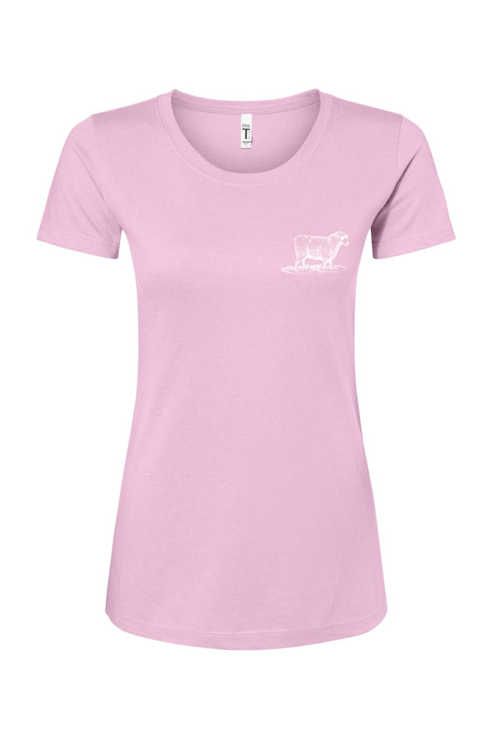 Light pink women's crew neck t-shirt featuring a small white sheep graphic on the chest, made from cotton-poly blend.