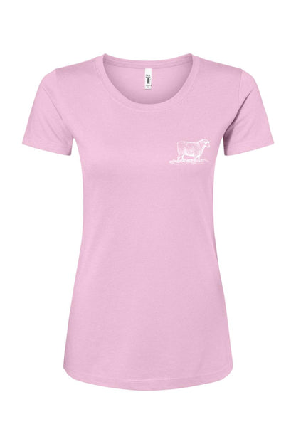 Light pink women's crew neck t-shirt featuring a small white sheep graphic on the chest, made from cotton-poly blend.