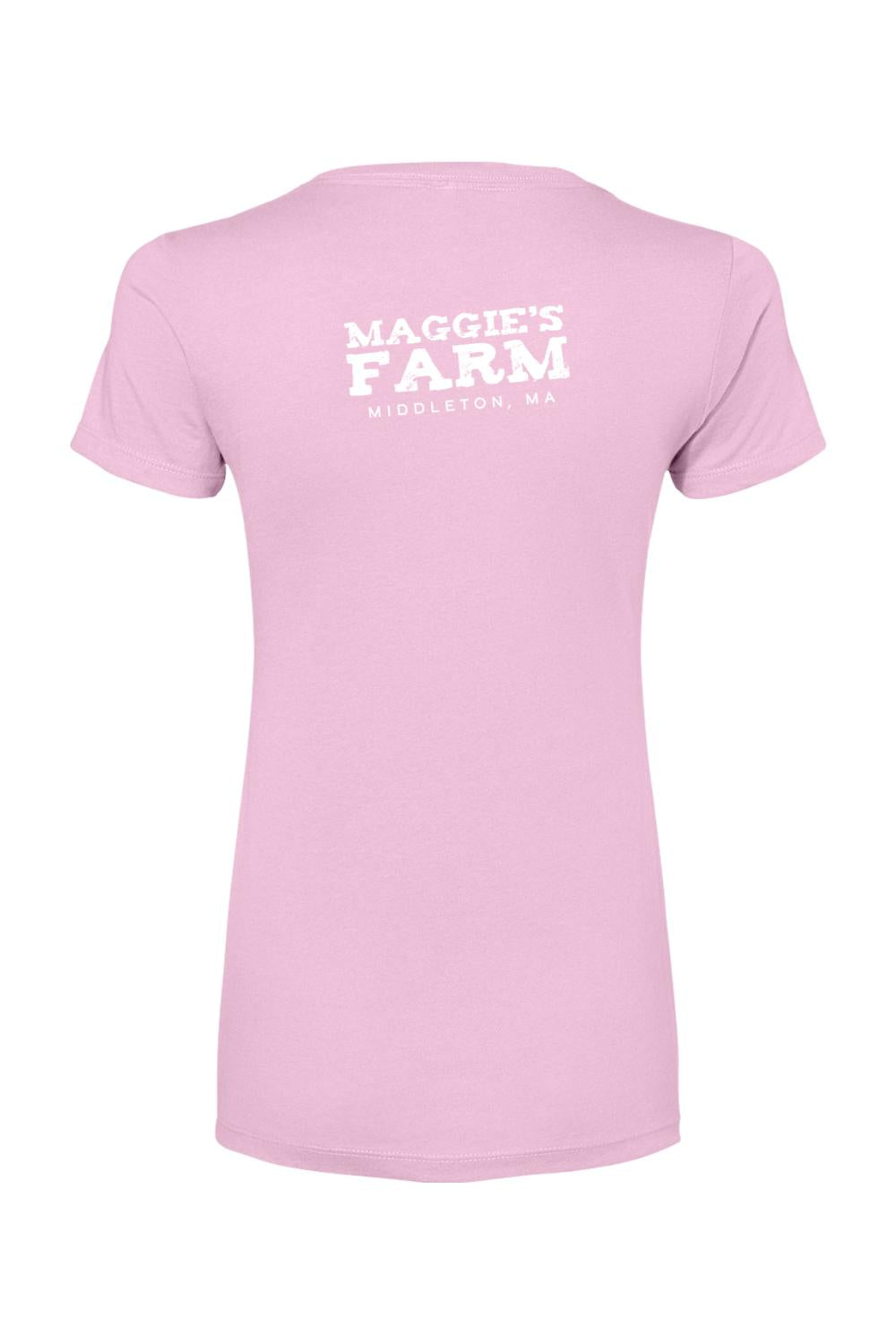 Back view of a light pink women's cotton-blend t-shirt featuring white Maggie's Farm Middleton, MA branding.