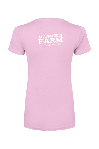 Back view of a light pink women's cotton-blend t-shirt featuring white Maggie's Farm Middleton, MA branding.