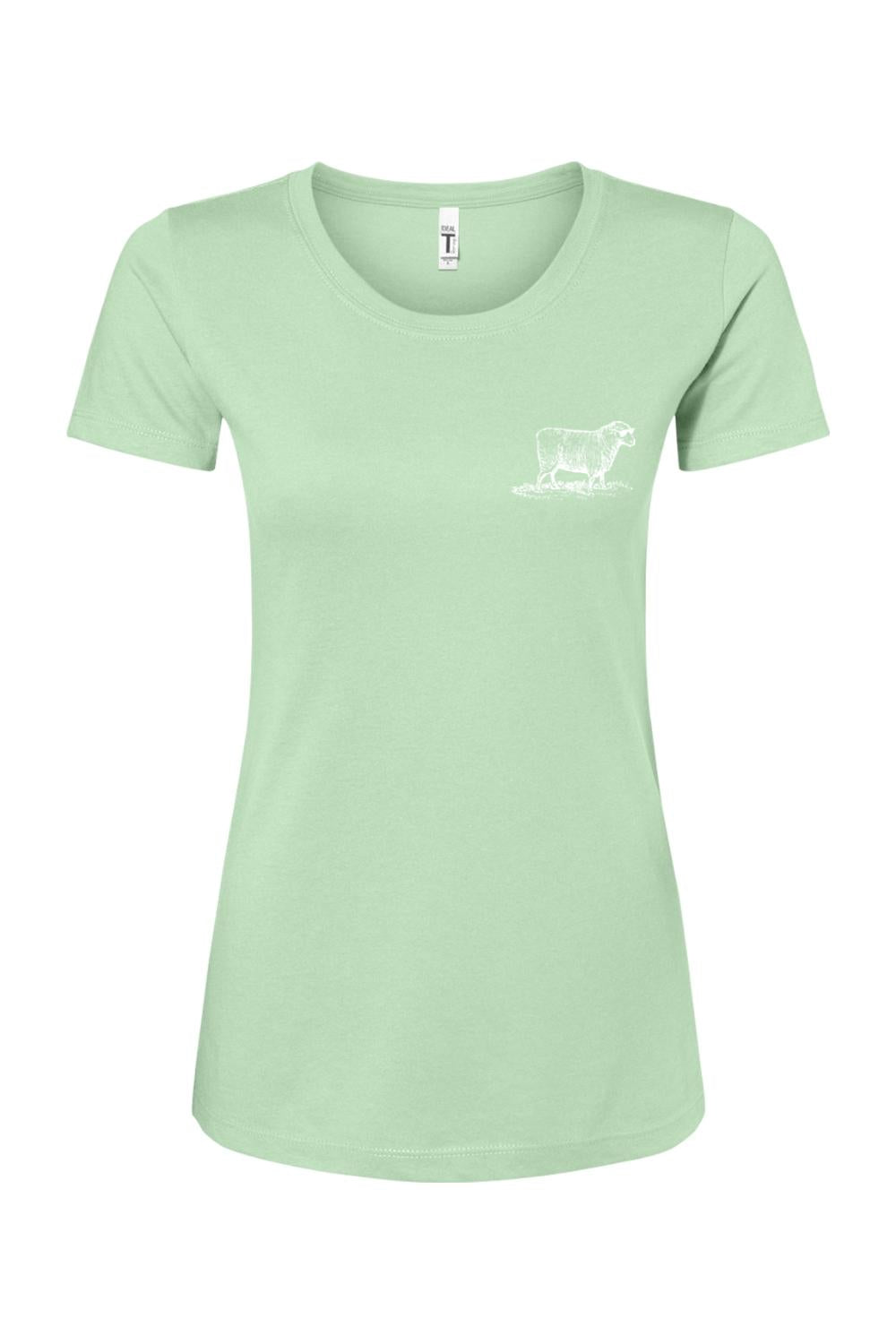 Light green women's crew neck t-shirt featuring a small white sheep graphic on the chest, made of cotton-poly blend.
