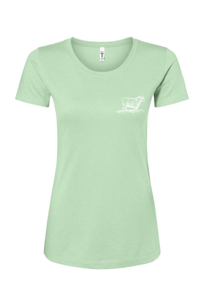Light green women's crew neck t-shirt featuring a small white sheep graphic on the chest, made of cotton-poly blend.