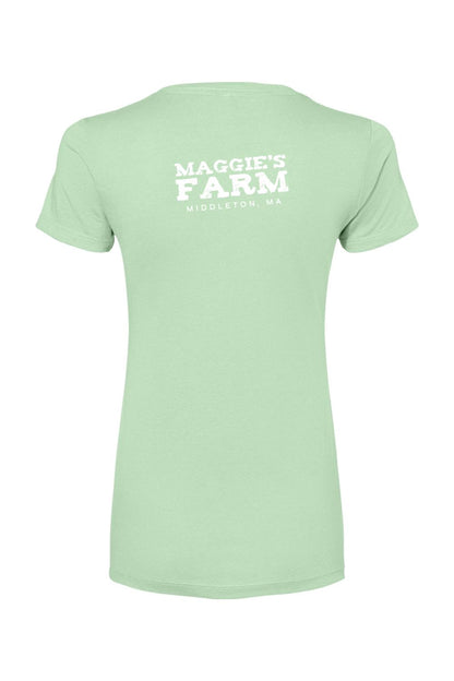 Light green women's cotton-blend t-shirt featuring white Maggie's Farm Middleton, MA text on the back.