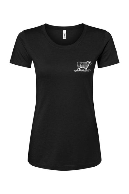 Black women's crew neck t-shirt featuring a small white sketch of a sheep on the left chest.
