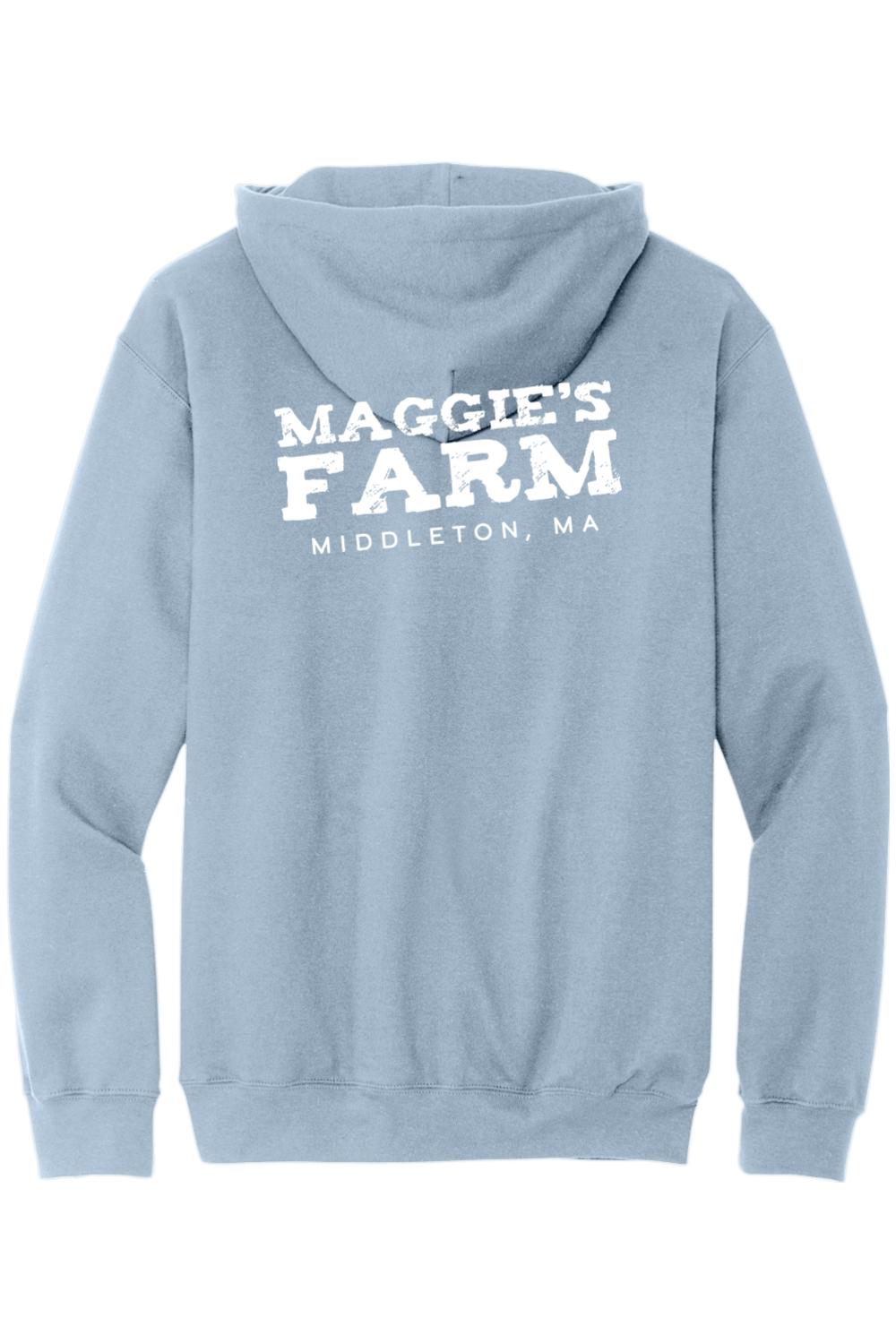 Light blue zip-up hoodie featuring white Maggie's Farm Middleton, MA text printed on the back.