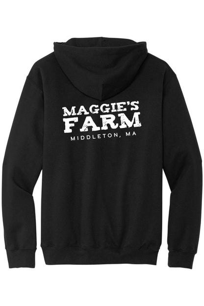 Black zip-up hoodie featuring the white Maggie's Farm Middleton, MA logo printed on the back.