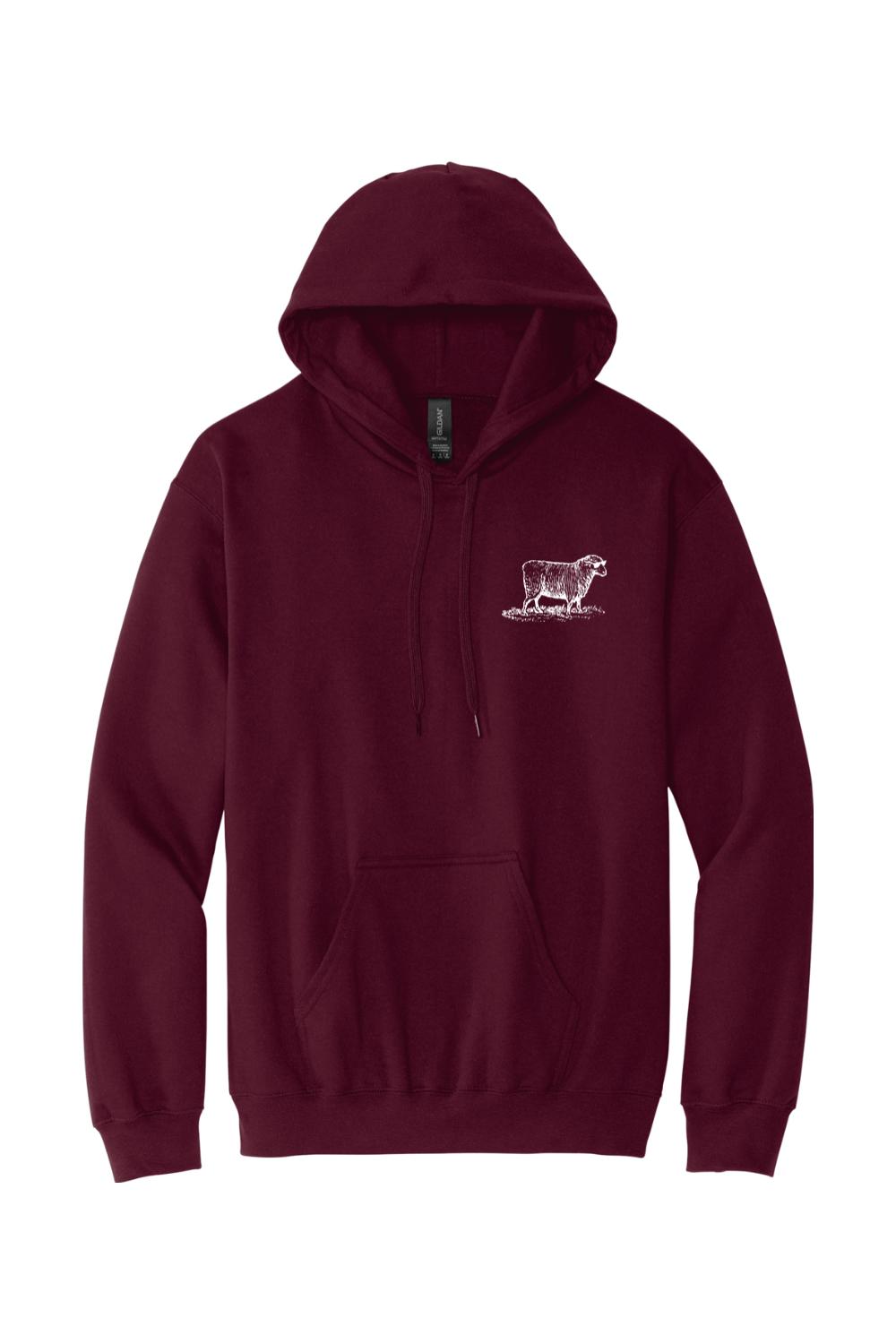 Maroon pullover hoodie featuring a white sheep graphic on the chest, a drawstring hood, and a front kangaroo pocket.