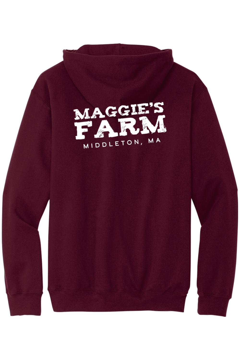 Maroon zip-up hoodie featuring white Maggie's Farm Middleton, MA text on the back.