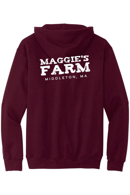 Maroon zip-up hoodie featuring white Maggie's Farm Middleton, MA text on the back.