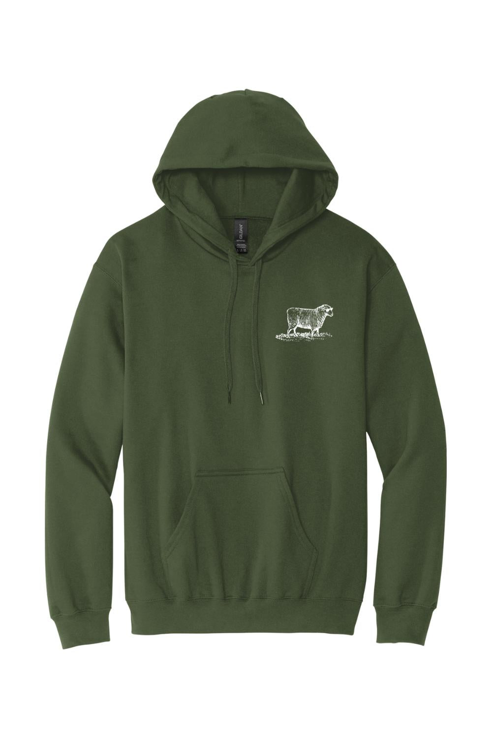Olive green pullover hoodie with a white sheep graphic on the chest, featuring a drawstring hood and front pocket.