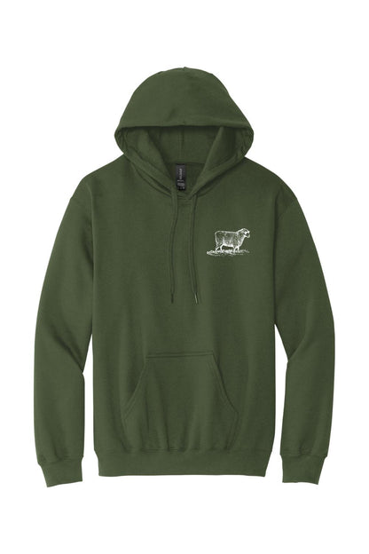 Olive green pullover hoodie with a white sheep graphic on the chest, featuring a drawstring hood and front pocket.