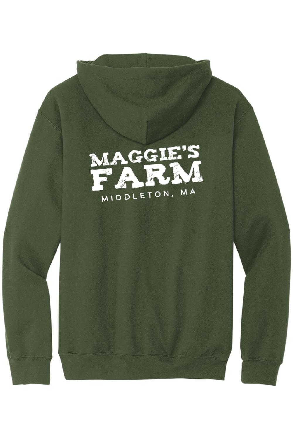 Olive green zip-up hoodie featuring white Maggie's Farm Middleton, MA text printed on the back.