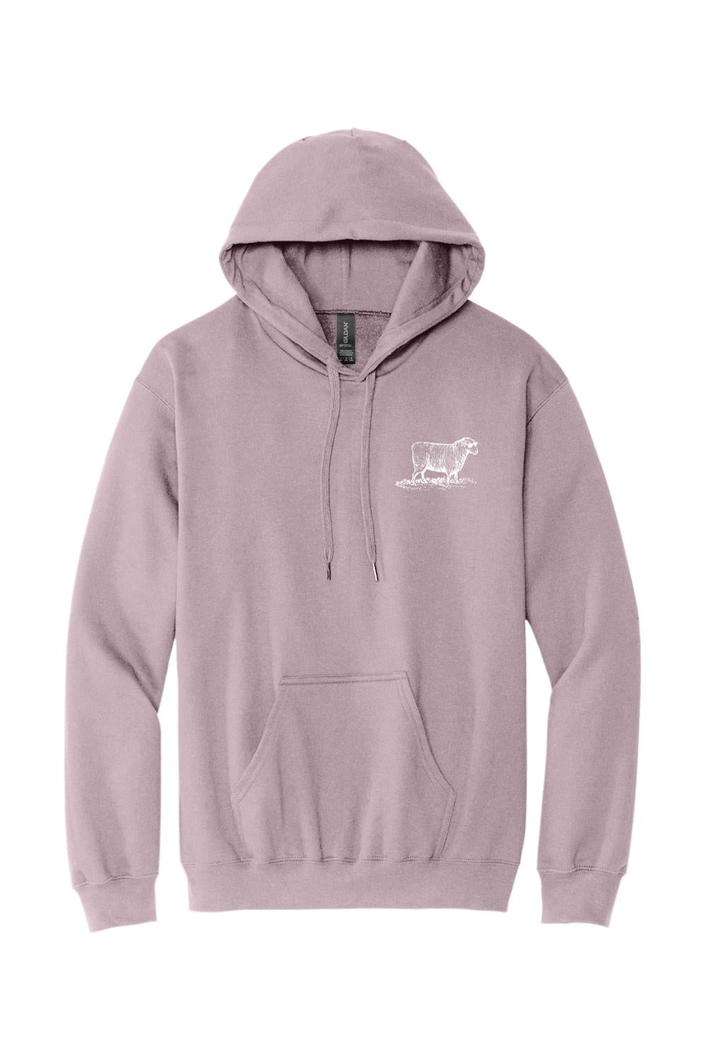 Dusty purple pullover hoodie with a white sheep graphic on the chest, featuring a drawstring hood and front pocket.