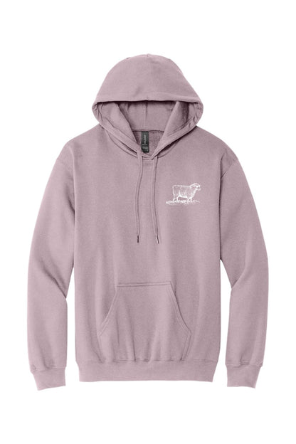 Dusty purple pullover hoodie with a white sheep graphic on the chest, featuring a drawstring hood and front pocket.