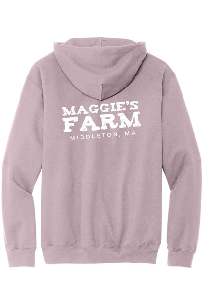 Dusty purple zip-up hoodie featuring Maggie's Farm Middleton, MA white graphic print on the back.