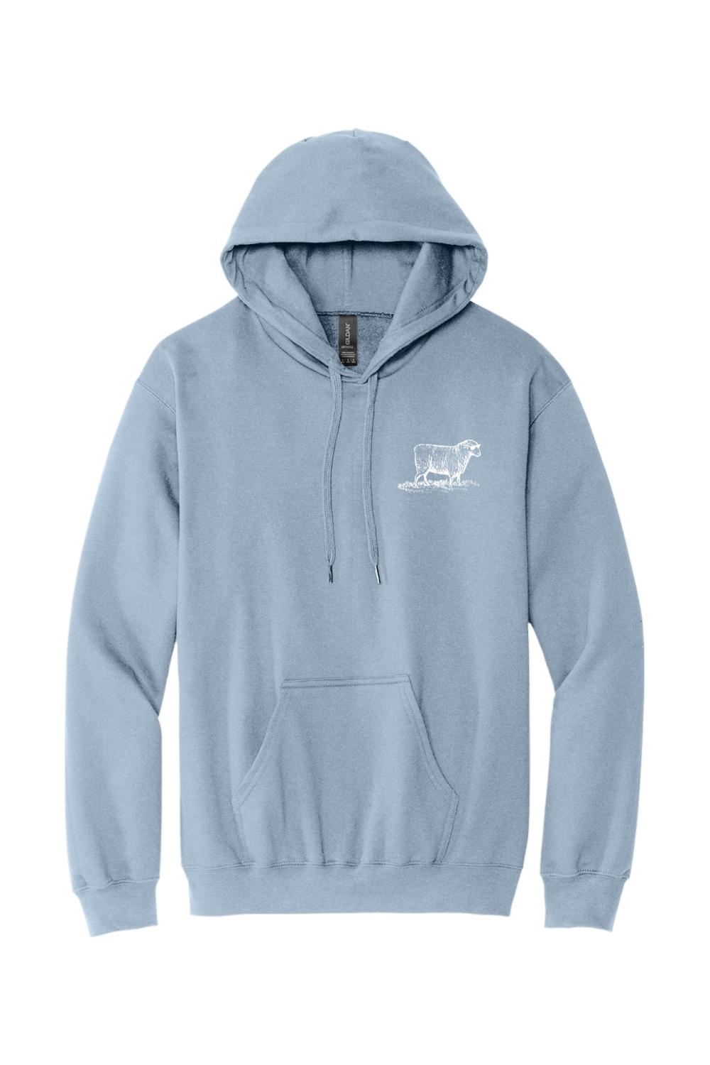 Light blue pullover hoodie with a white sheep graphic on the chest, featuring a drawstring hood and front pocket.