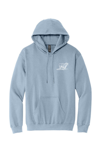 Light blue pullover hoodie with a white sheep graphic on the chest, featuring a drawstring hood and front pocket.