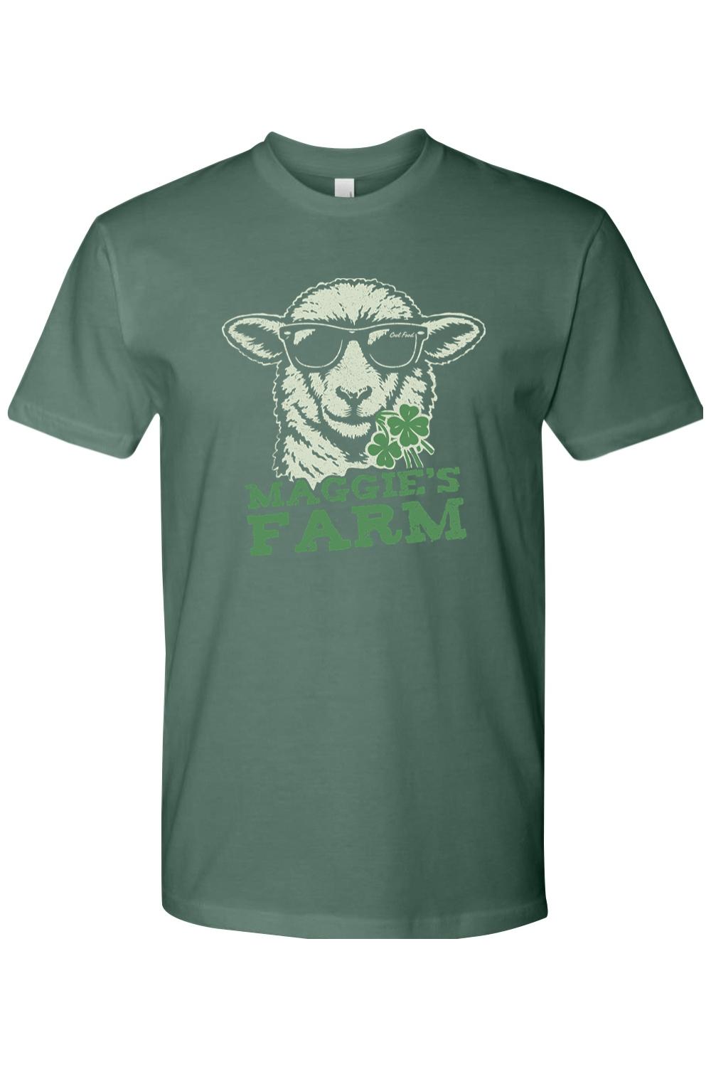Dark green crewneck t-shirt featuring a graphic of a sheep wearing sunglasses and holding a shamrock.