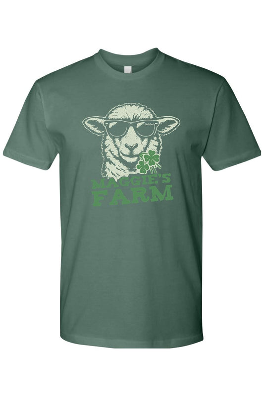 Dark green crewneck t-shirt featuring a graphic of a sheep wearing sunglasses and holding a shamrock.