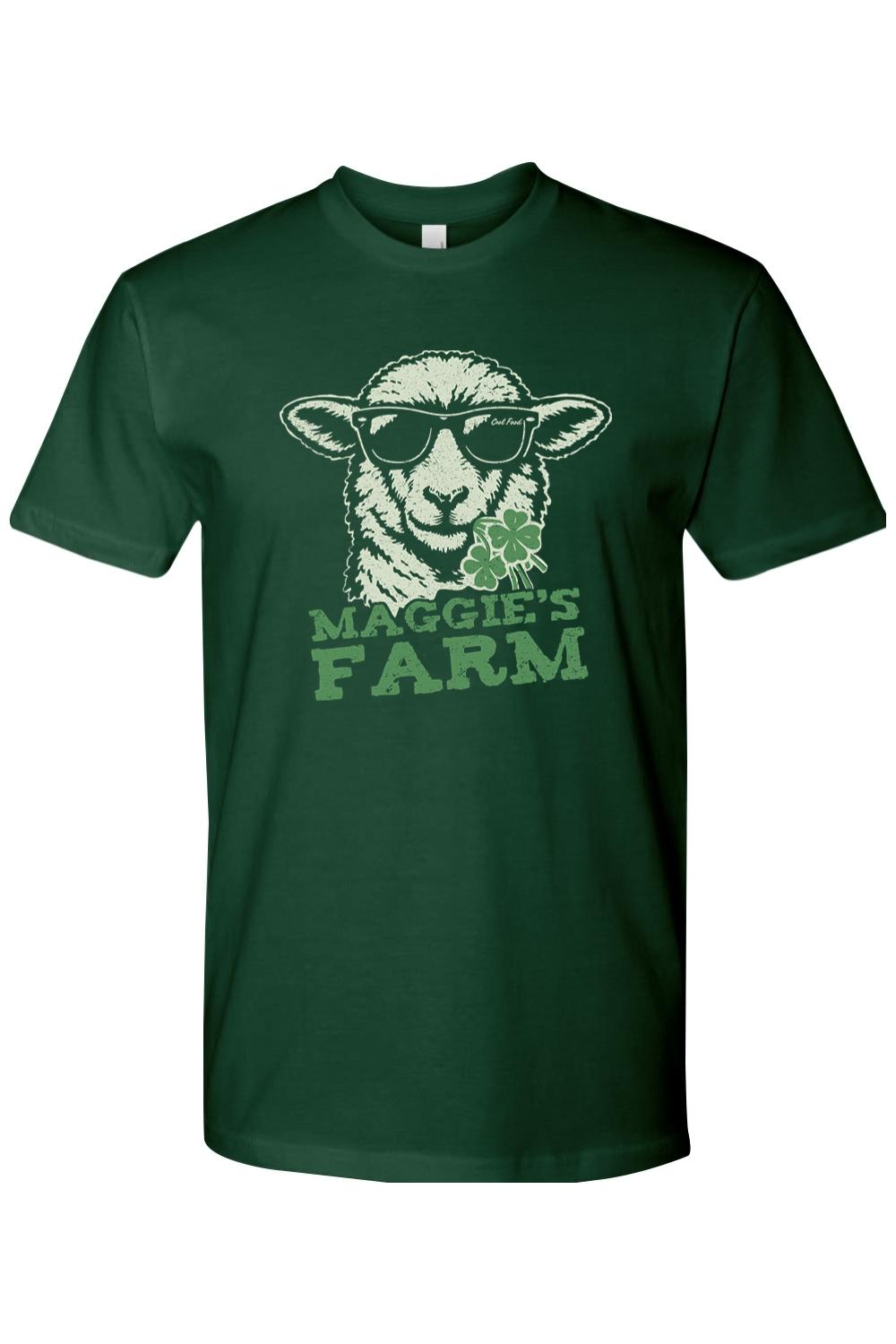 Dark green cotton crewneck t-shirt featuring a graphic of a sheep wearing sunglasses and holding a shamrock.