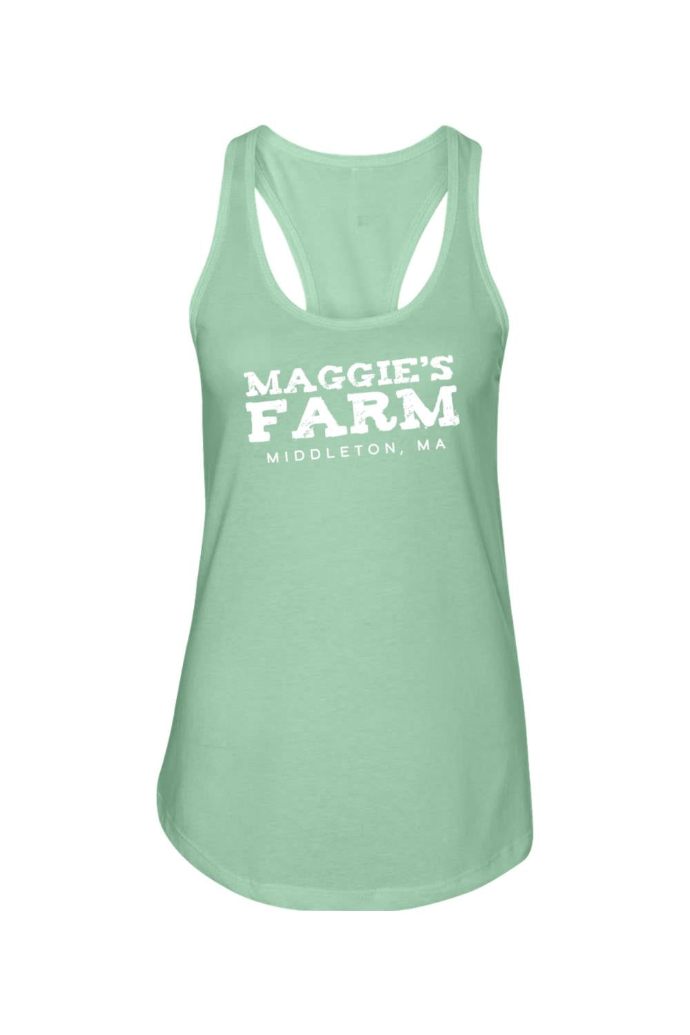 Light green racerback tank top featuring white Maggie's Farm Middleton, MA text in a distressed vintage style.
