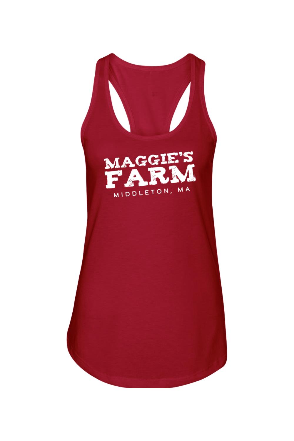 Red racerback tank top with white Maggie's Farm Middleton, MA graphic print on the front.