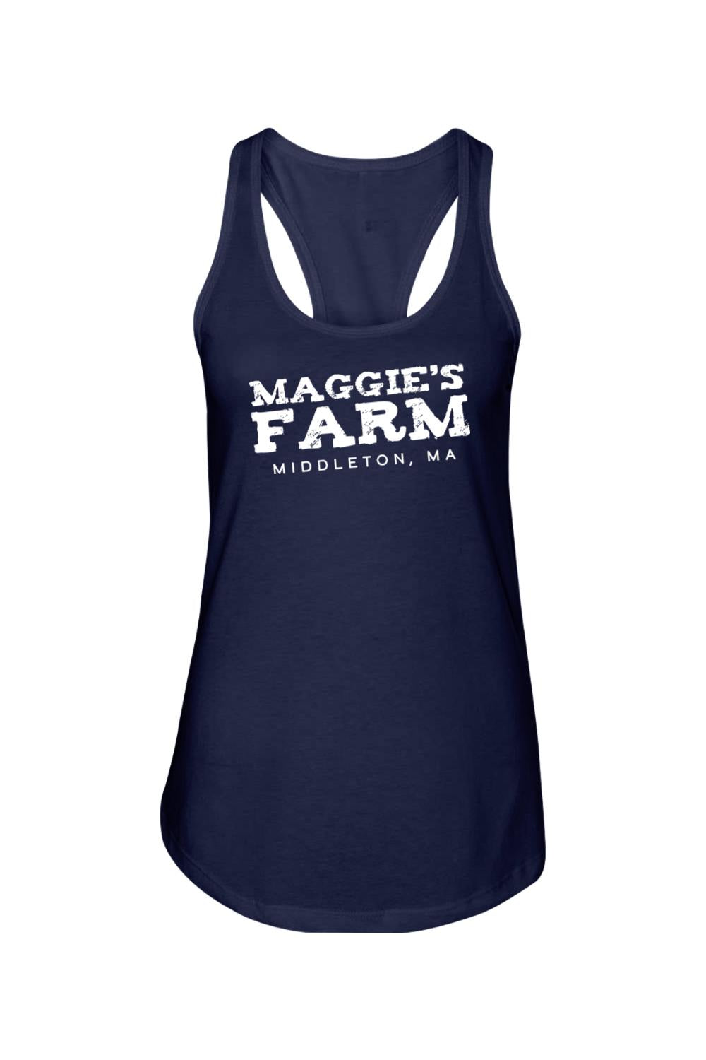 Navy blue racerback tank top featuring white Maggie's Farm Middleton, MA graphic print on the front.