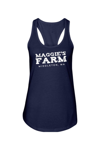 Navy blue racerback tank top featuring white Maggie's Farm Middleton, MA graphic print on the front.