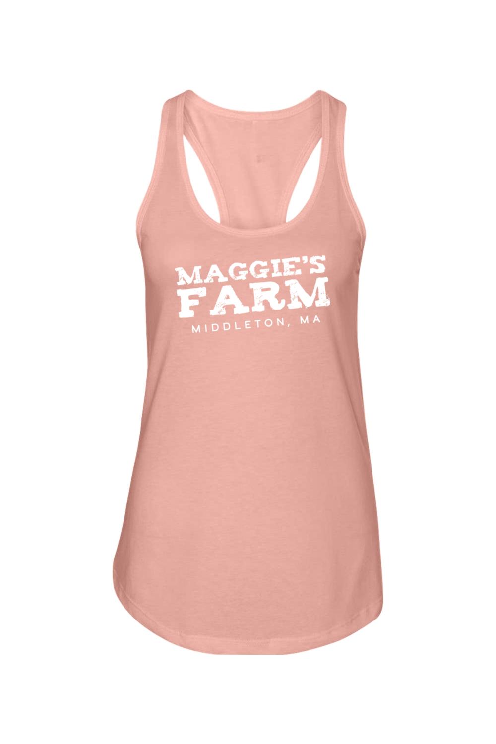 Dusty rose racerback tank top featuring white distressed Maggie's Farm Middleton, MA graphic print.