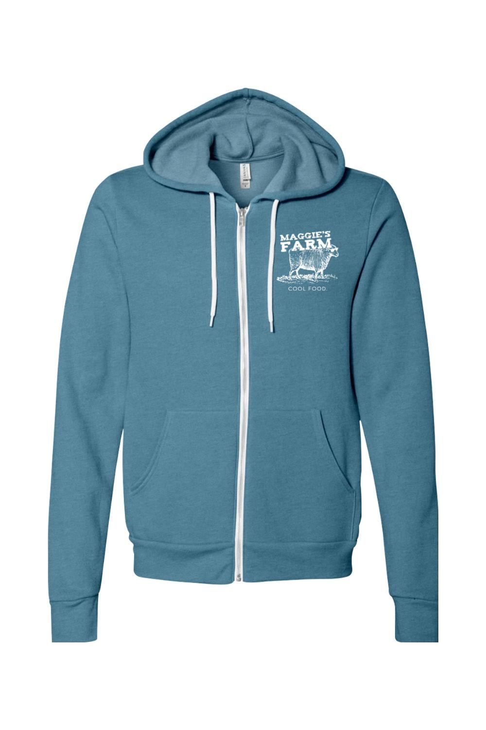 Blue sponge fleece full-zip hoodie with white drawstrings and Maggie's Farm logo on the chest.