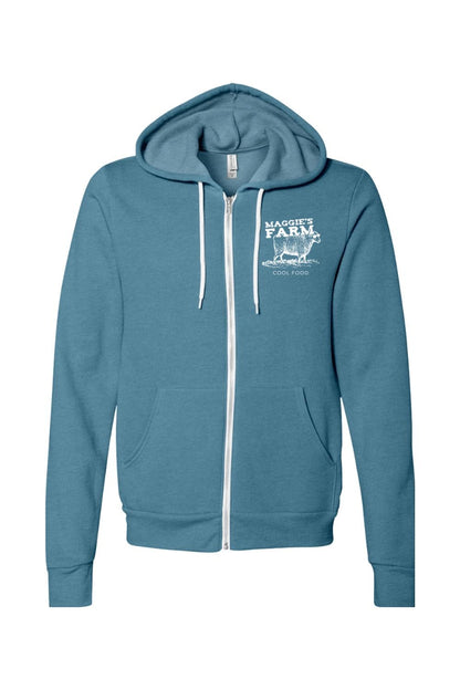 Blue sponge fleece full-zip hoodie with white drawstrings and Maggie's Farm logo on the chest.
