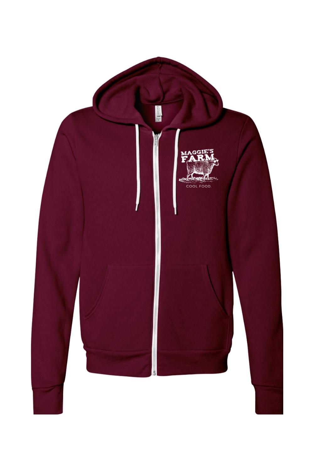Maroon sponge fleece full-zip hoodie with white drawstrings and Maggie's Farm sheep logo on the chest.