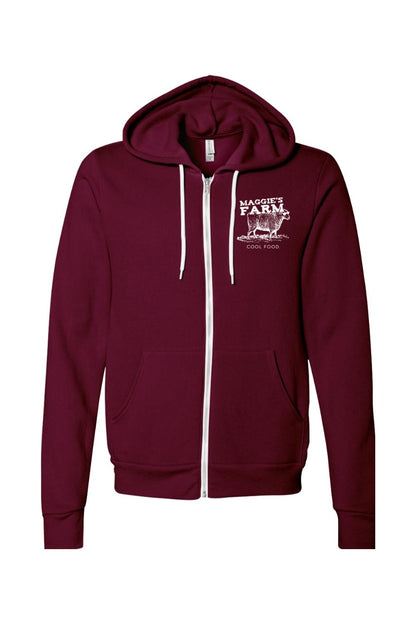 Maroon sponge fleece full-zip hoodie with white drawstrings and Maggie's Farm sheep logo on the chest.