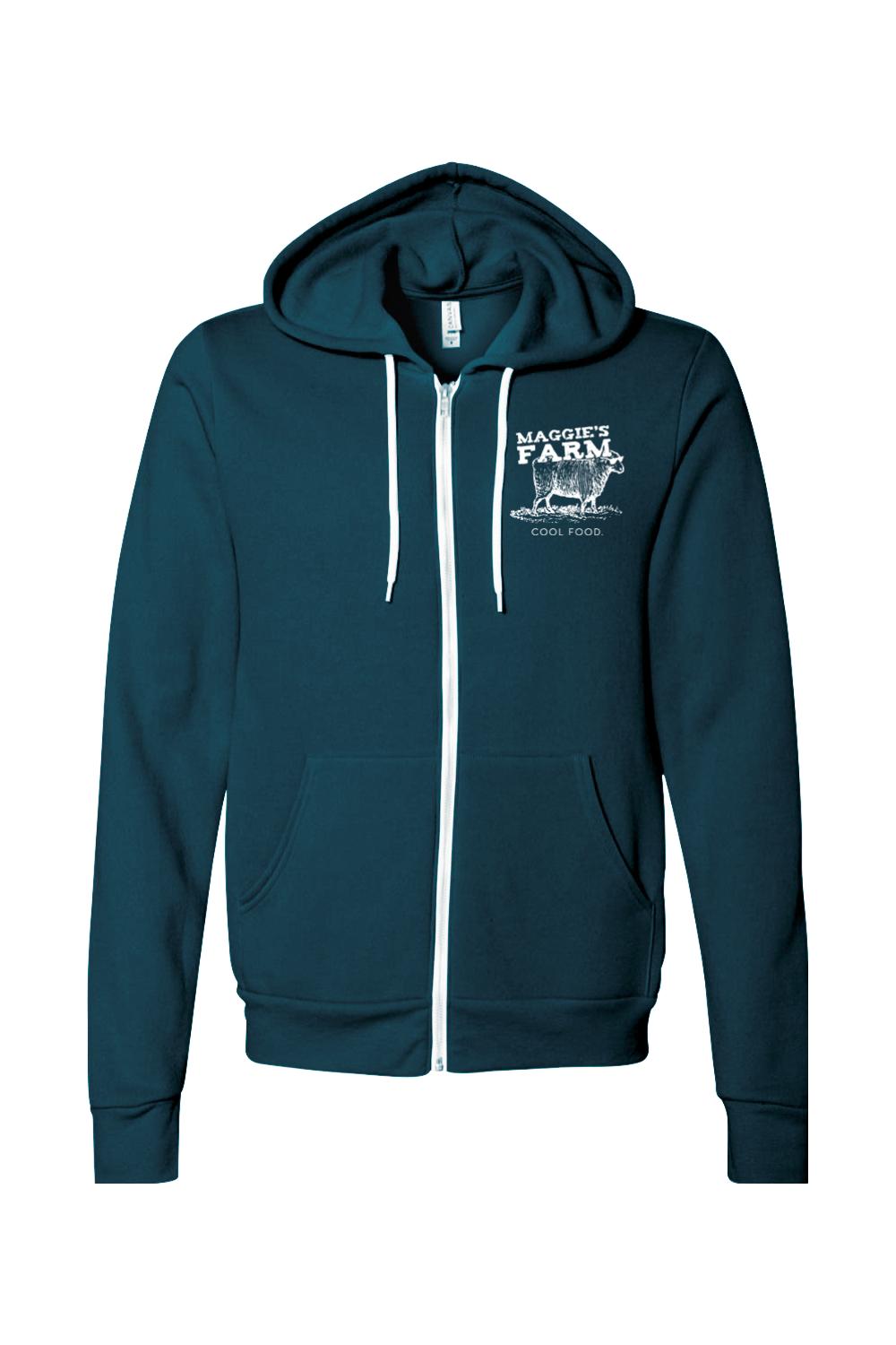 Dark teal sponge fleece full-zip hoodie with white drawstrings and Maggie's Farm sheep logo on the chest.