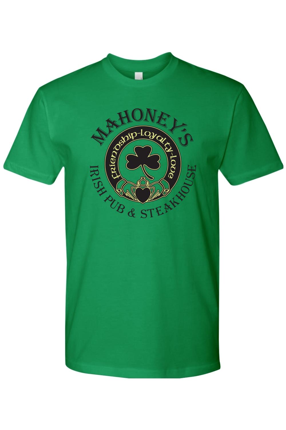 Green fitted crewneck t-shirt featuring a black Mahoney's Irish Pub logo with a shamrock and Claddagh design.