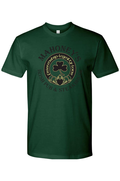 Dark green fitted crewneck t-shirt featuring a black Mahoney's Irish Pub logo with a Claddagh and shamrock design.