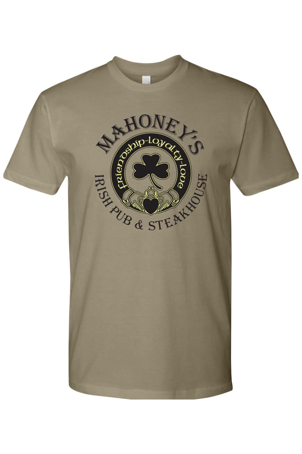 Tan fitted crewneck t-shirt featuring a black Mahoney's Irish Pub and Steakhouse logo with a shamrock and claddagh.