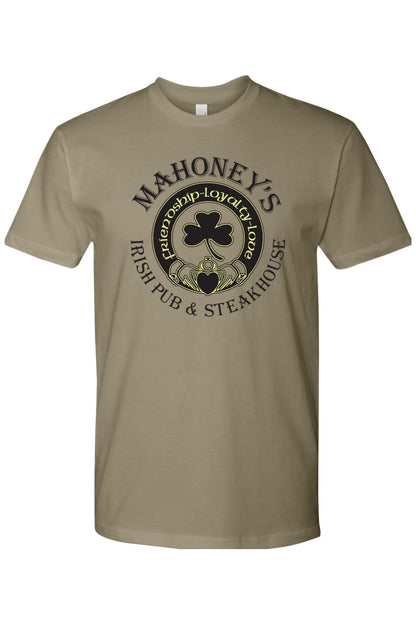 Tan fitted crewneck t-shirt featuring a black Mahoney's Irish Pub and Steakhouse logo with a shamrock and claddagh.