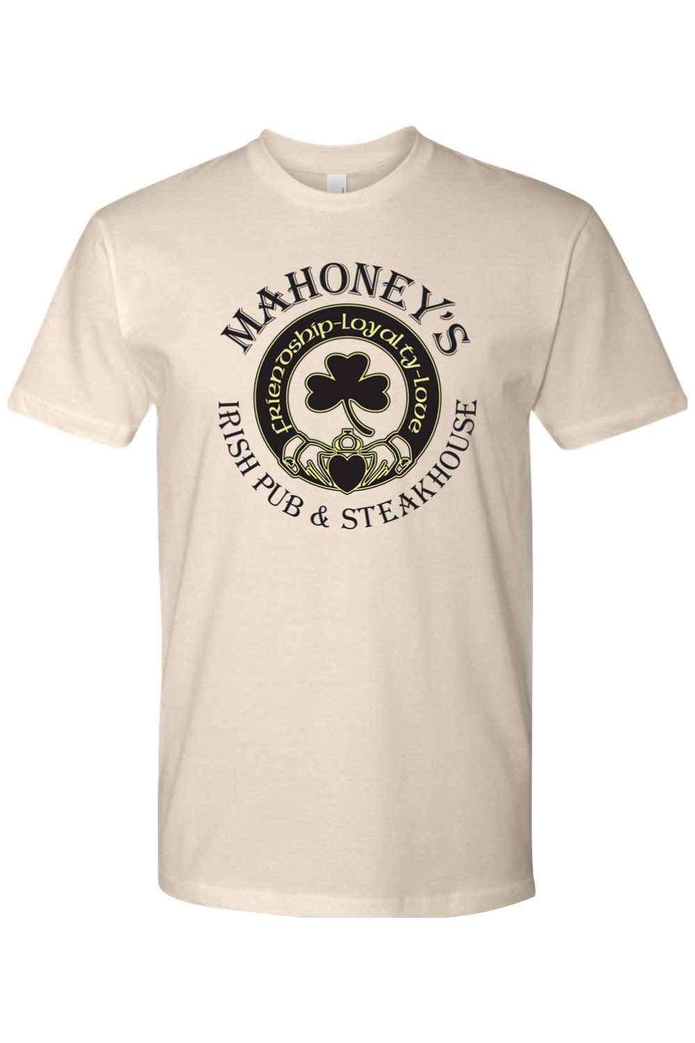 Beige fitted crewneck t-shirt featuring a black Mahoney's Irish Pub and Steakhouse logo with a shamrock and claddagh.