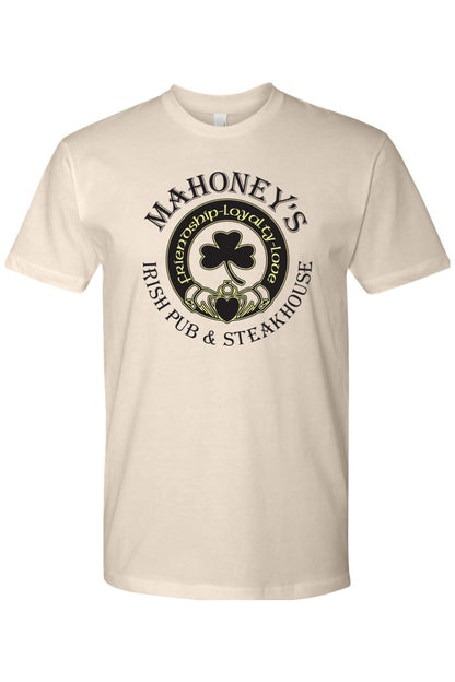 Beige fitted crewneck t-shirt featuring a black Mahoney's Irish Pub and Steakhouse logo with a shamrock and claddagh.