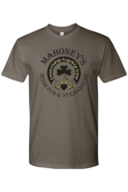 Grey fitted crewneck t-shirt featuring a black Mahoney's Irish Pub and Steakhouse logo with a Claddagh emblem.