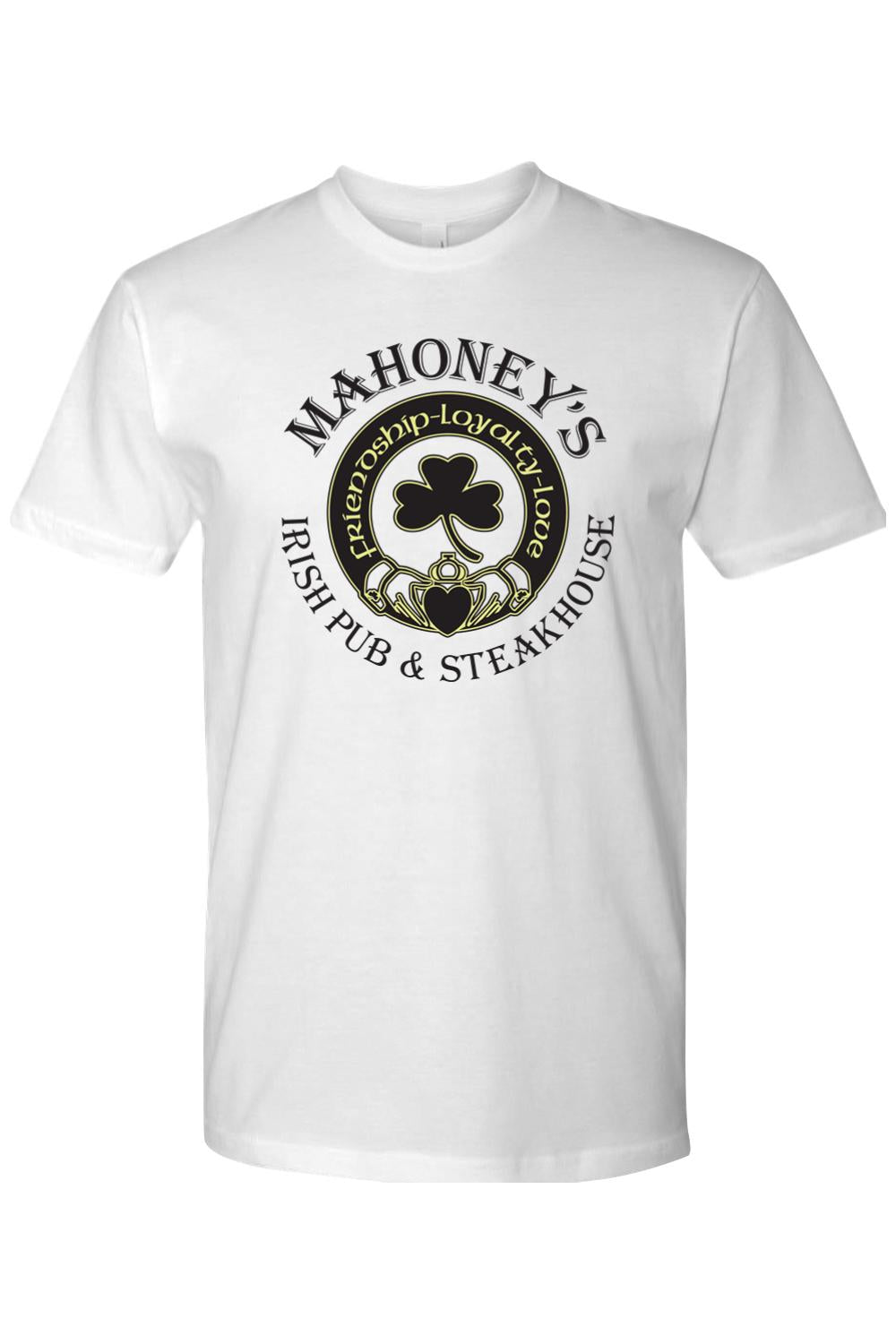White fitted crewneck t-shirt featuring a black Mahoney's Irish Pub and Steakhouse logo with a shamrock and claddagh.