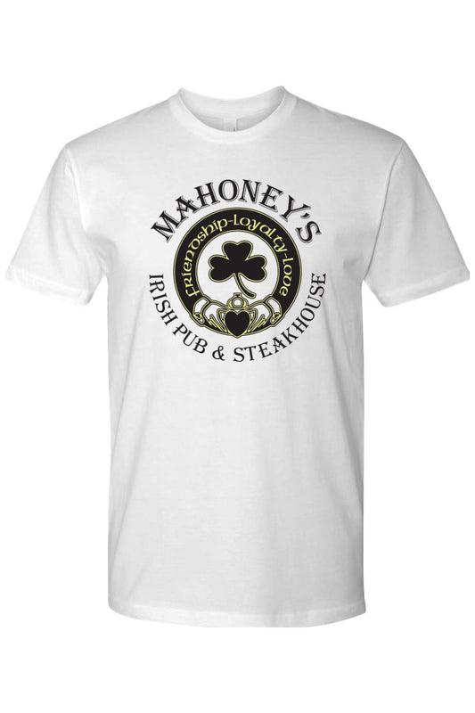 White fitted crewneck t-shirt featuring a black Mahoney's Irish Pub and Steakhouse logo with a shamrock and claddagh.