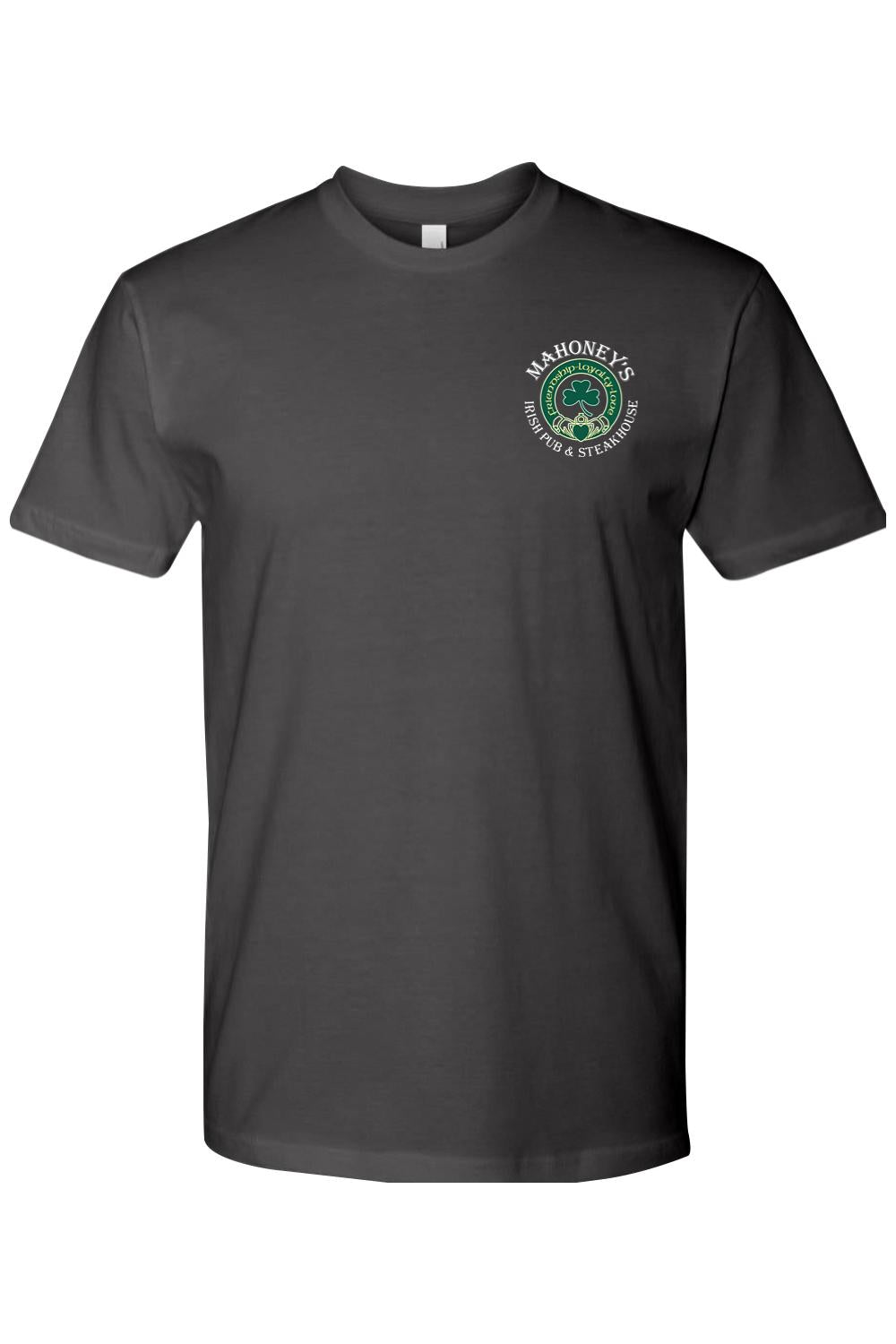 Charcoal grey fitted crewneck t-shirt featuring a green Mahoney's Irish Pub crest logo on the left chest.