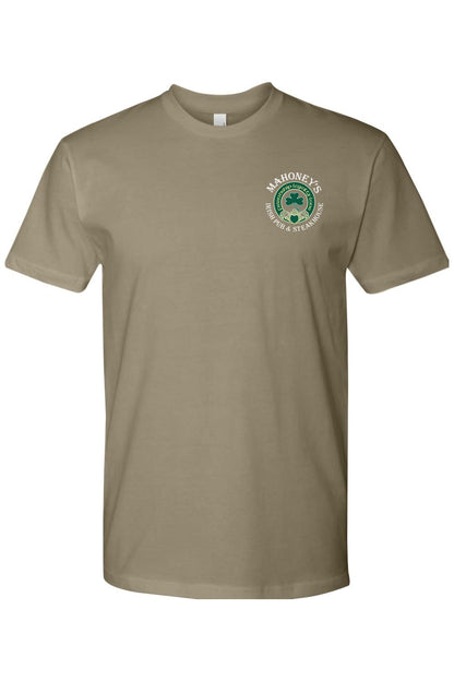 Tan fitted crewneck t-shirt featuring a Mahoney’s Irish Pub crest logo with a green shamrock on the left chest.