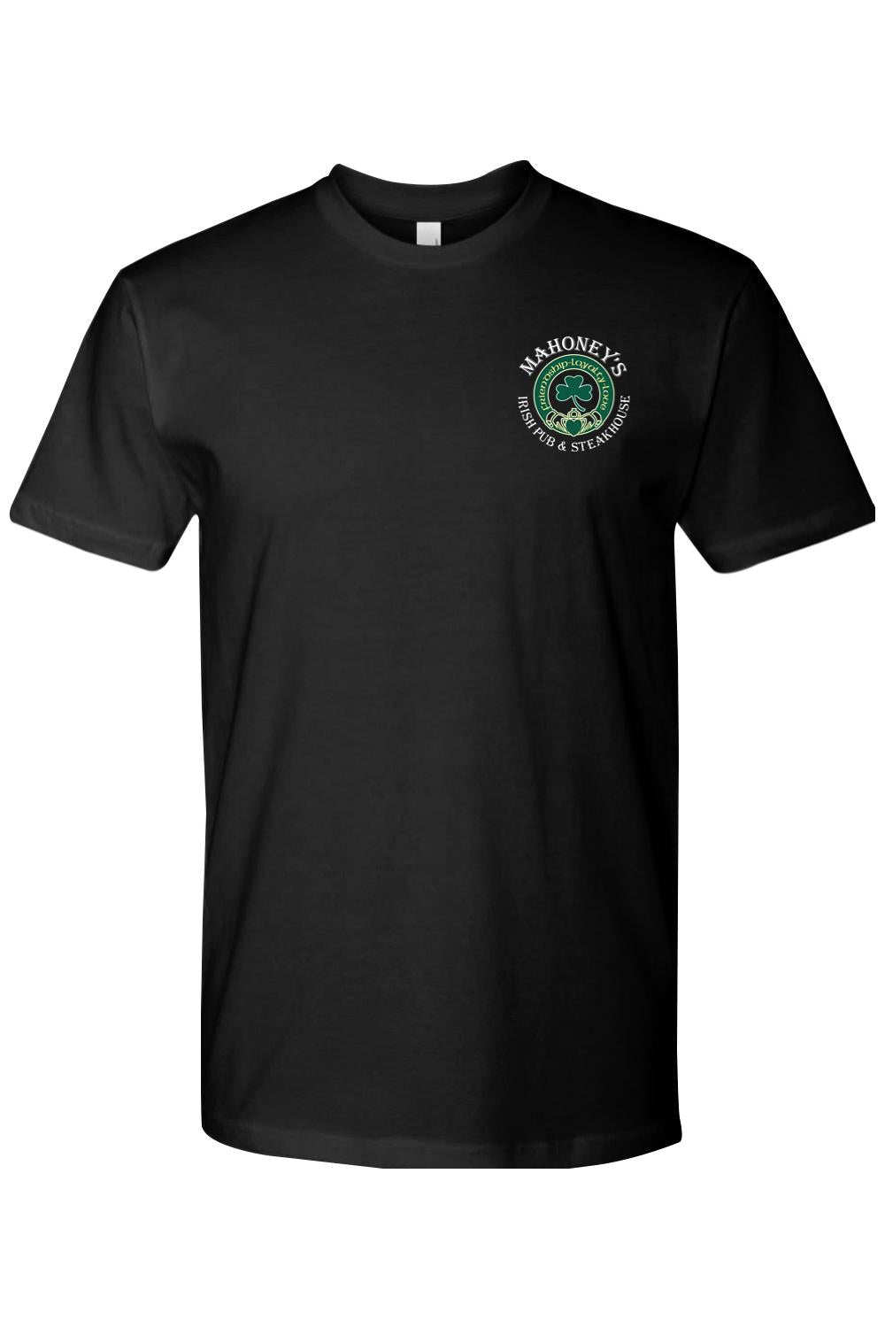 Black fitted crewneck cotton t-shirt featuring a Mahoney's Irish Pub crest logo on the left chest.