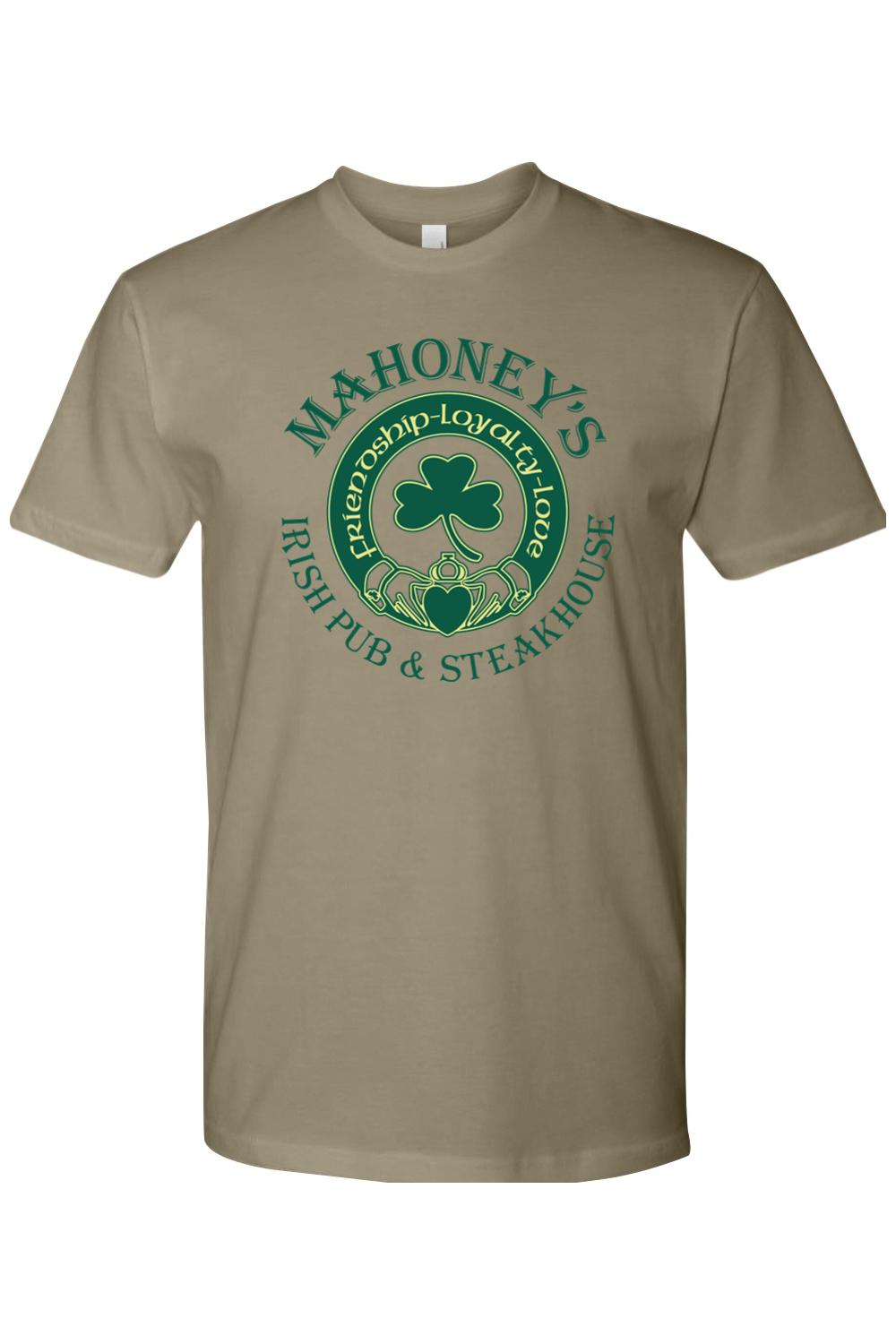 Tan fitted crewneck t-shirt featuring a green Mahoney's Irish Pub & Steakhouse logo with a shamrock and claddagh design.